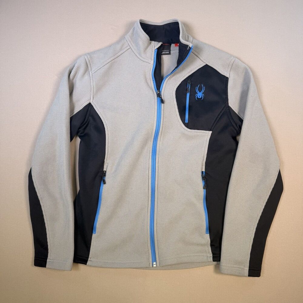 Spyder Mens Active Jacket Size Medium Black Gray Blue Full Zip Pockets Mock Neck